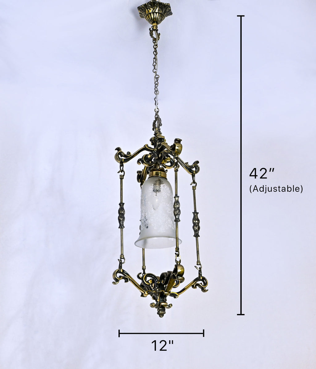 Antique Brass Etched Glass Pendant