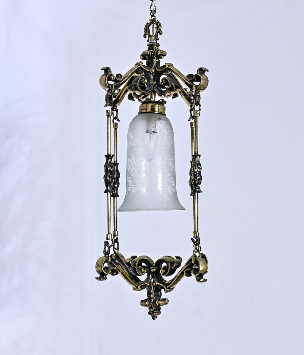 Antique Brass Etched Glass Pendant