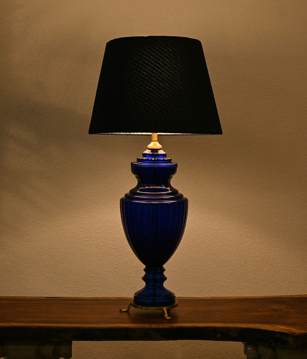 Lead Glass Table Lamp In Royal Blue Colour Along With Navy Blue Quilted Lamp Shade