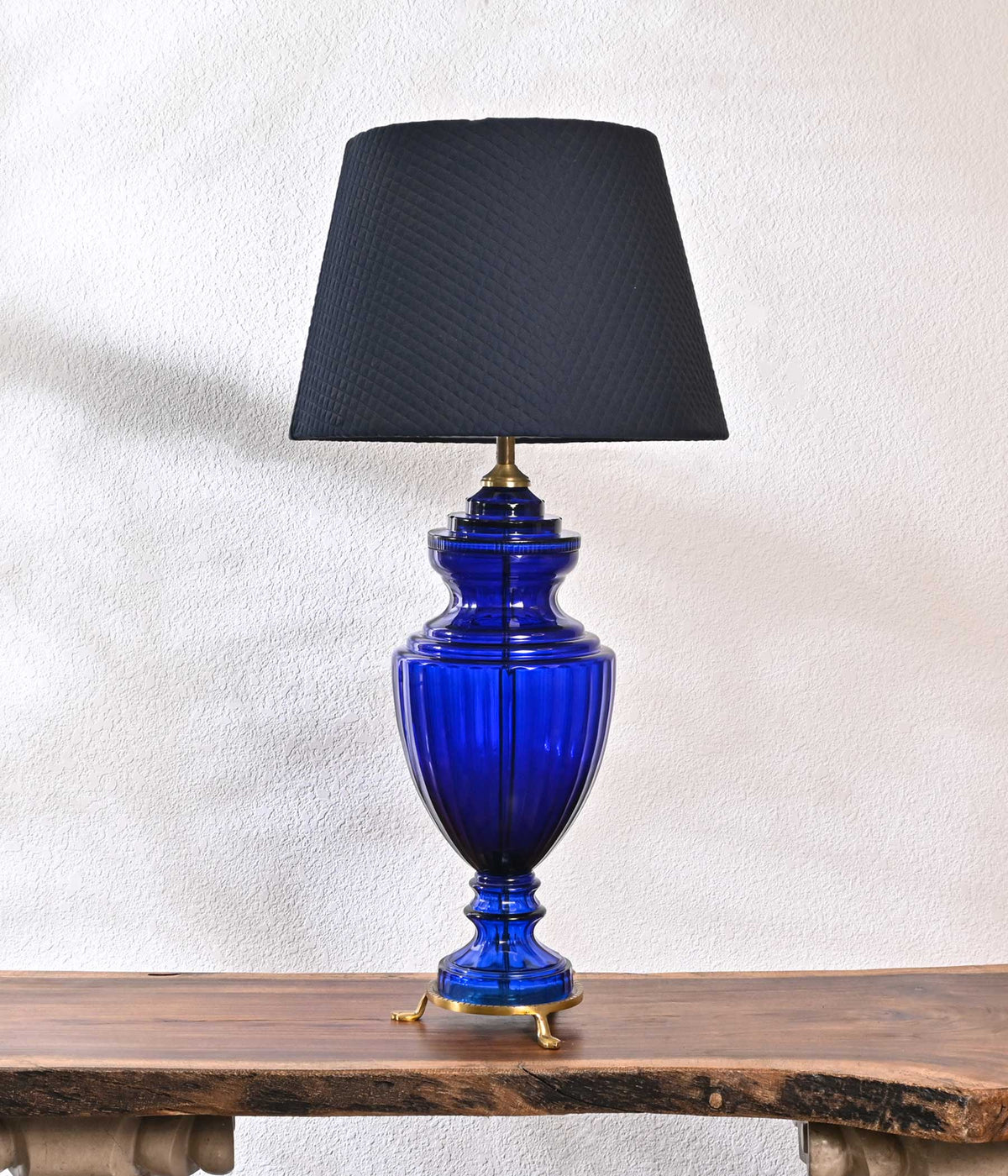 Lead Glass Table Lamp In Royal Blue Colour Along With Navy Blue Quilted Lamp Shade