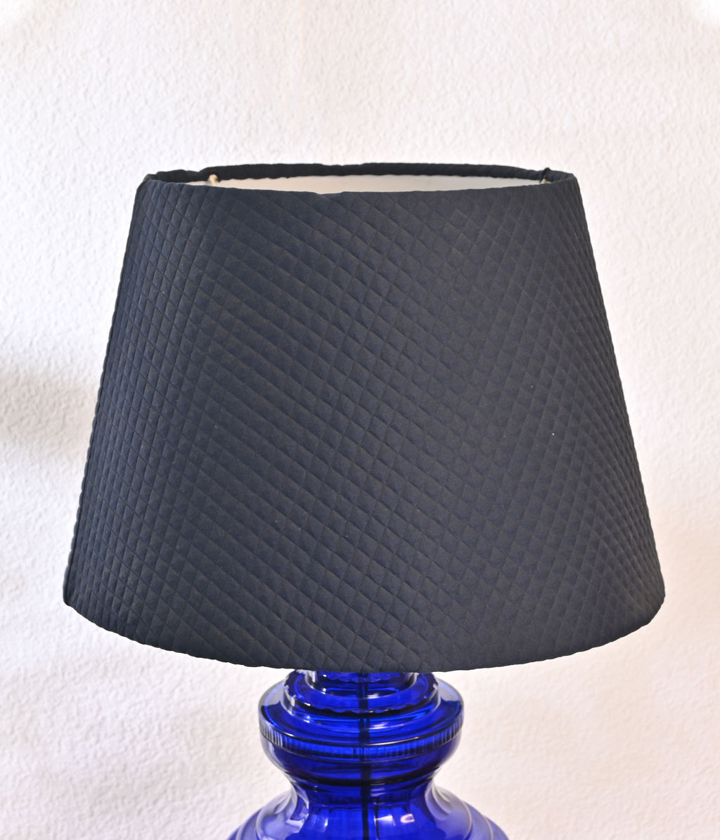 Lead Glass Table Lamp In Royal Blue Colour Along With Navy Blue Quilted Lamp Shade