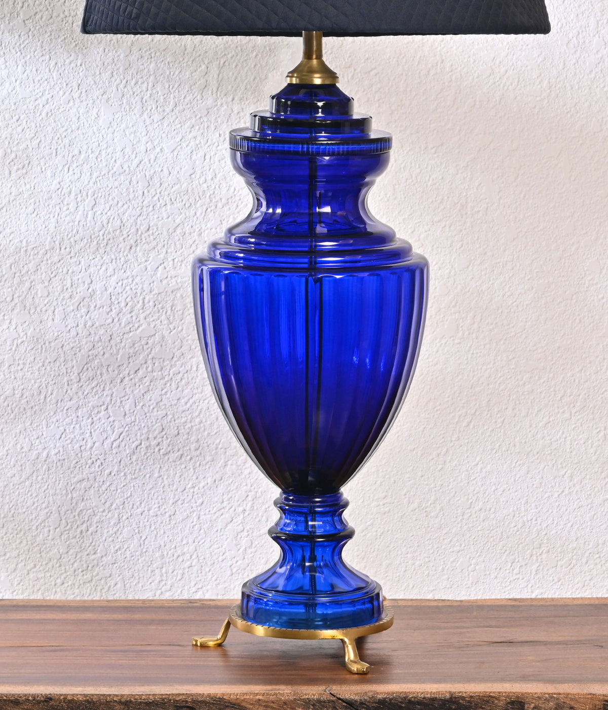Lead Glass Table Lamp In Royal Blue Colour Along With Navy Blue Quilted Lamp Shade
