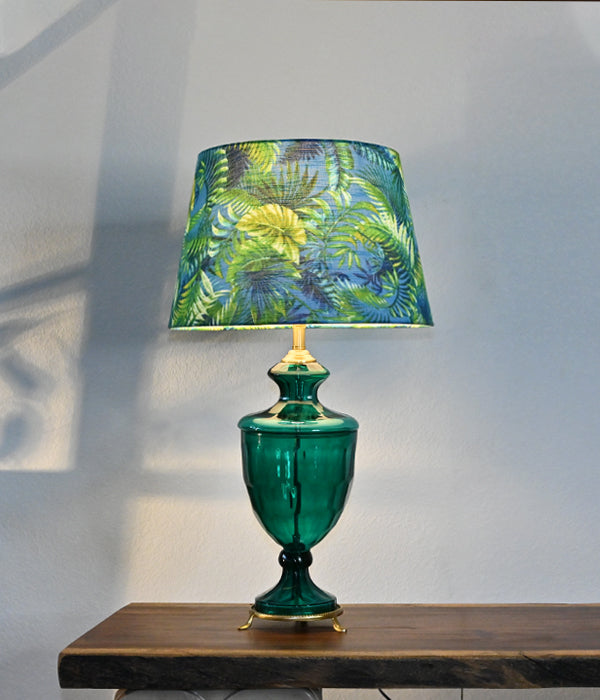 Lead Crystal Glass In Emerald Green Original Colour And Printed Cotton Lamp Shade
